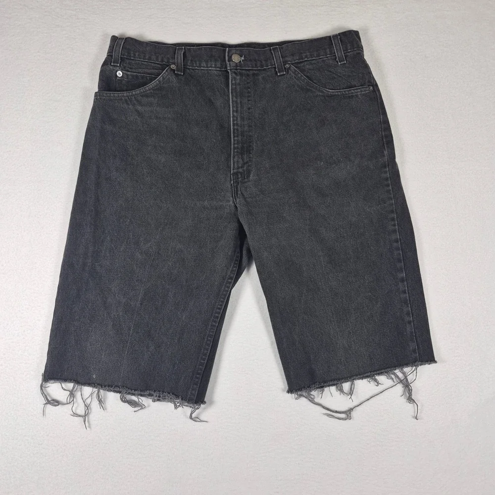 VTG Levi's 550 Denim Shorts Mens 38 Black Orange Tab Cut Off USA Made Distressed